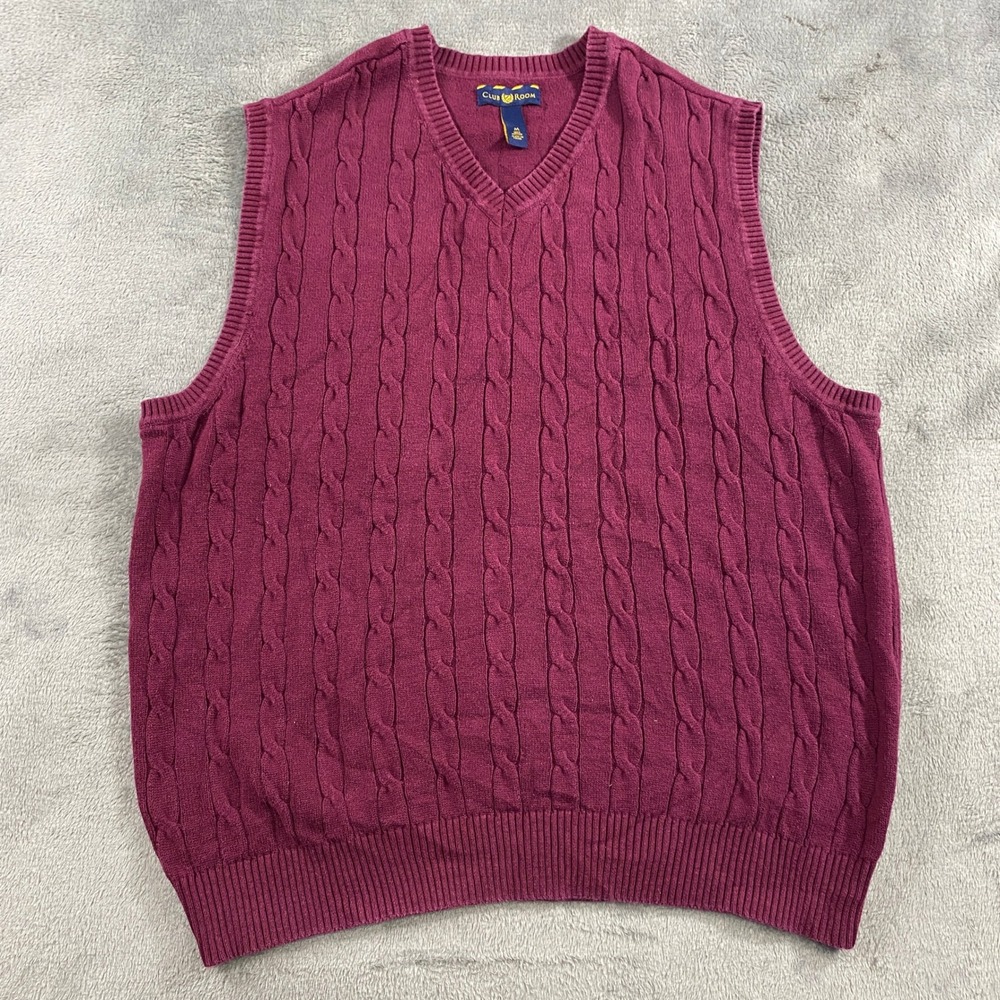 Club Room Sweater Vest Mens M‎ Cable Knit V Neck Burgundy Cotton Preppy Academia